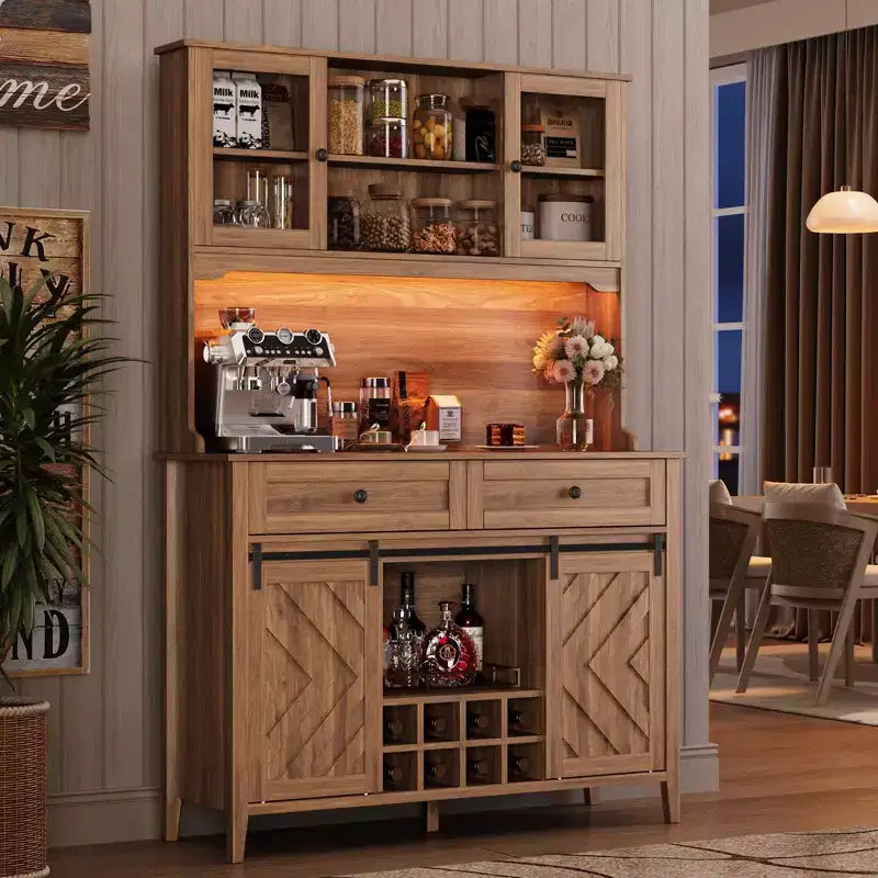 Mobile dispensa da cucina alto 183 cm, Credenza indipendente con ante scorrevoli a fienile e 2 cassetti, Mobile bar in legno per soggiorno e cucina