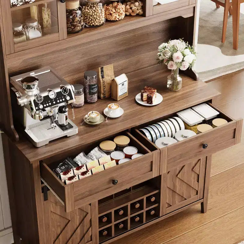 Mobile dispensa da cucina alto 183 cm, Credenza indipendente con ante scorrevoli a fienile e 2 cassetti, Mobile bar in legno per soggiorno e cucina