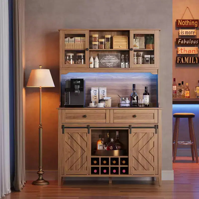 Mobile dispensa da cucina alto 183 cm, Credenza indipendente con ante scorrevoli a fienile e 2 cassetti, Mobile bar in legno per soggiorno e cucina