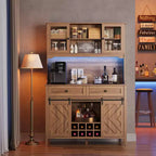 Mobile dispensa da cucina alto 183 cm, Credenza indipendente con ante scorrevoli a fienile e 2 cassetti, Mobile bar in legno per soggiorno e cucina