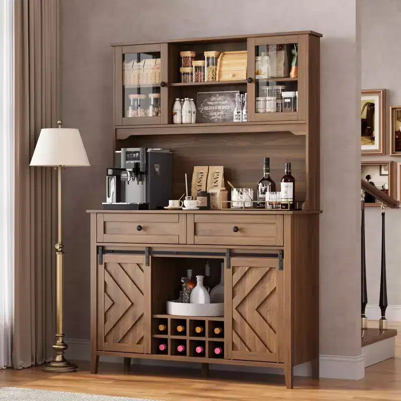 Mobile dispensa da cucina alto 183 cm, Credenza indipendente con ante scorrevoli a fienile e 2 cassetti, Mobile bar in legno per soggiorno e cucina