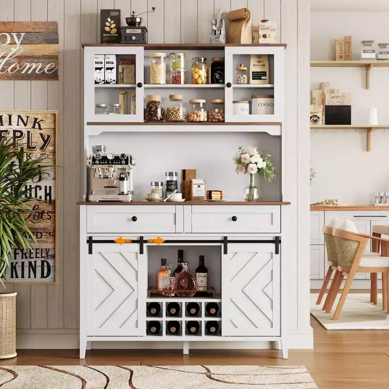 Mobile dispensa da cucina alto 183 cm, Credenza indipendente con ante scorrevoli a fienile e 2 cassetti, Mobile bar in legno per soggiorno e cucina