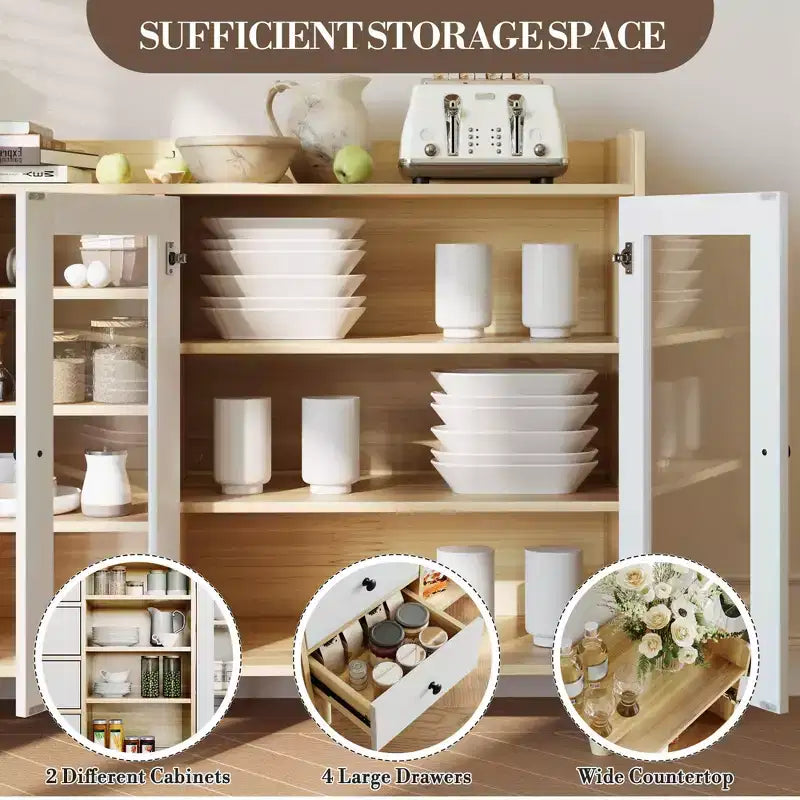 Credenza da cucina rustica da 55", credenza con cassetti - Credenza da cucina con ante in vetro e ripiani regolabili