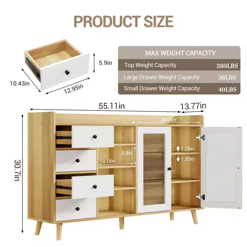 Credenza da cucina rustica da 55", credenza con cassetti - Credenza da cucina con ante in vetro e ripiani regolabili