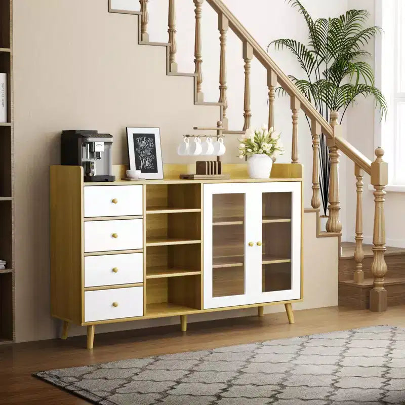 Credenza da cucina rustica da 55", credenza con cassetti - Credenza da cucina con ante in vetro e ripiani regolabili
