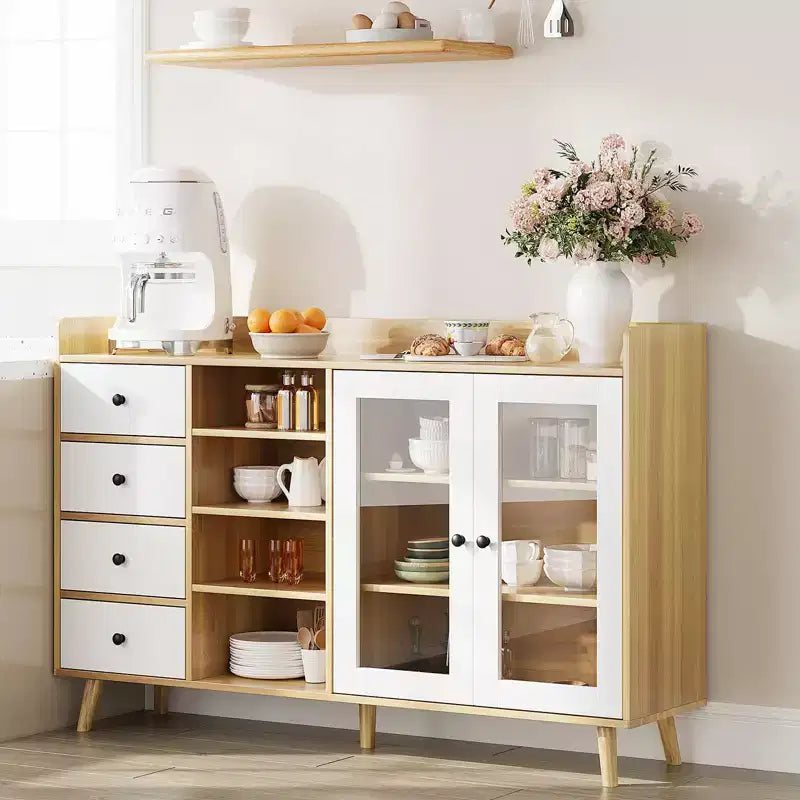 Credenza da cucina rustica da 55", credenza con cassetti - Credenza da cucina con ante in vetro e ripiani regolabili