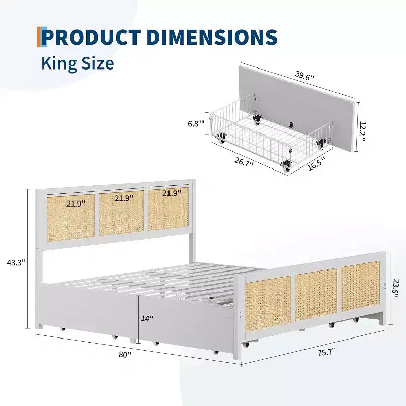 Struttura Letto King Size con Testiera, Letto a Piattaforma in Rattan Bohemien con Cassetti Contenitori e Illuminazione a LED, Sistema di Supporto Completo