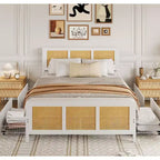 Struttura Letto King Size con Testiera, Letto a Piattaforma in Rattan Bohemien con Cassetti Contenitori e Illuminazione a LED, Sistema di Supporto Completo