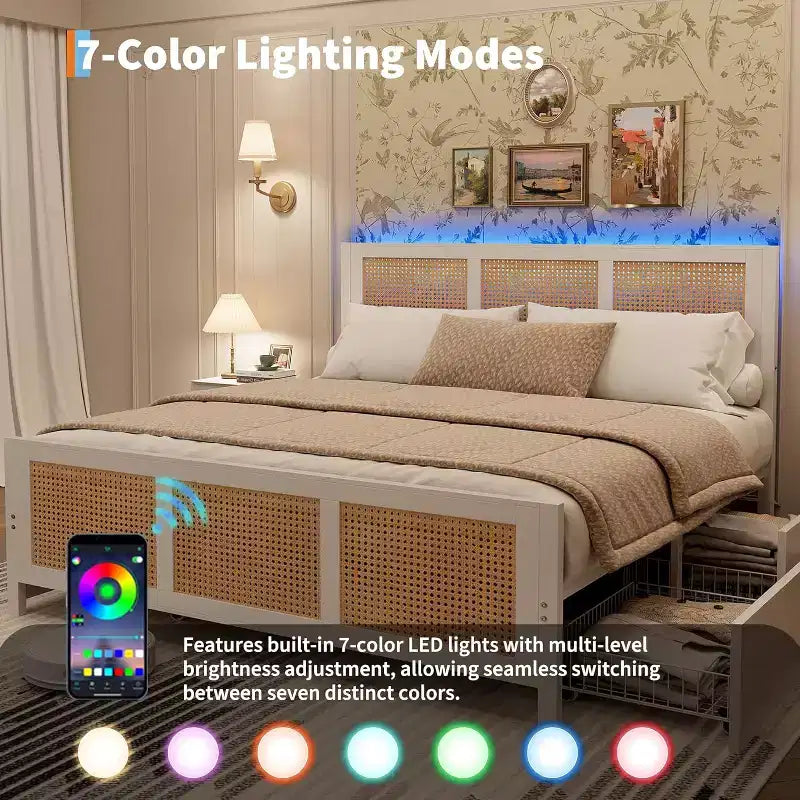 Struttura Letto King Size con Testiera, Letto a Piattaforma in Rattan Bohemien con Cassetti Contenitori e Illuminazione a LED, Sistema di Supporto Completo