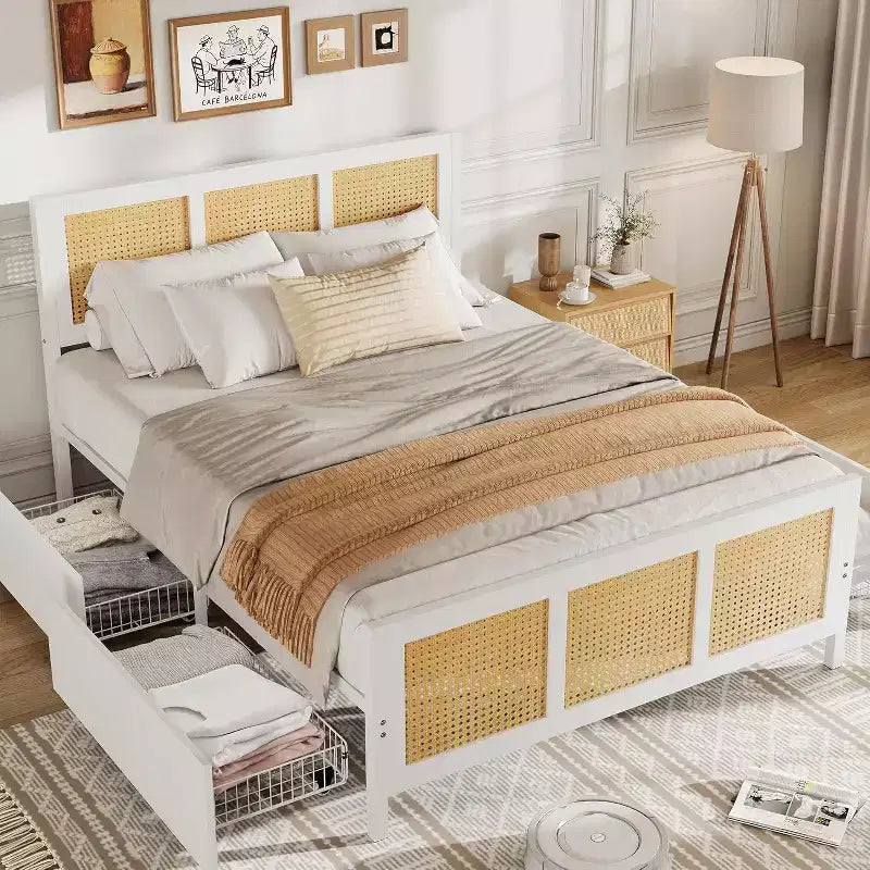 Struttura Letto King Size con Testiera, Letto a Piattaforma in Rattan Bohemien con Cassetti Contenitori e Illuminazione a LED, Sistema di Supporto Completo