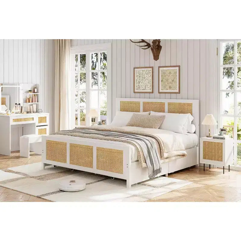 Struttura Letto King Size con Testiera, Letto a Piattaforma in Rattan Bohemien con Cassetti Contenitori e Illuminazione a LED, Sistema di Supporto Completo