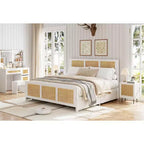 Struttura Letto King Size con Testiera, Letto a Piattaforma in Rattan Bohemien con Cassetti Contenitori e Illuminazione a LED, Sistema di Supporto Completo