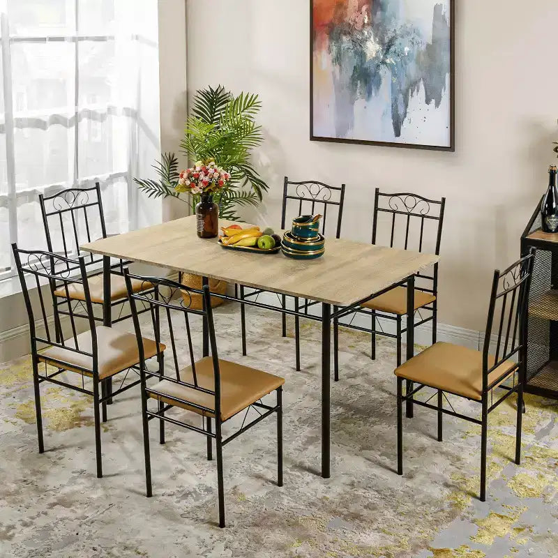 Tavolo da Pranzo 7 Pezzi per 6 Persone, Tavolo da Cucina Rettangolare con 6 Sedie in Ecopelle con Schienale Alto, Tavolo da Pranzo Confortevole, Faggio
