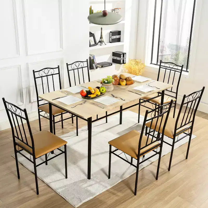 Tavolo da Pranzo 7 Pezzi per 6 Persone, Tavolo da Cucina Rettangolare con 6 Sedie in Ecopelle con Schienale Alto, Tavolo da Pranzo Confortevole, Faggio