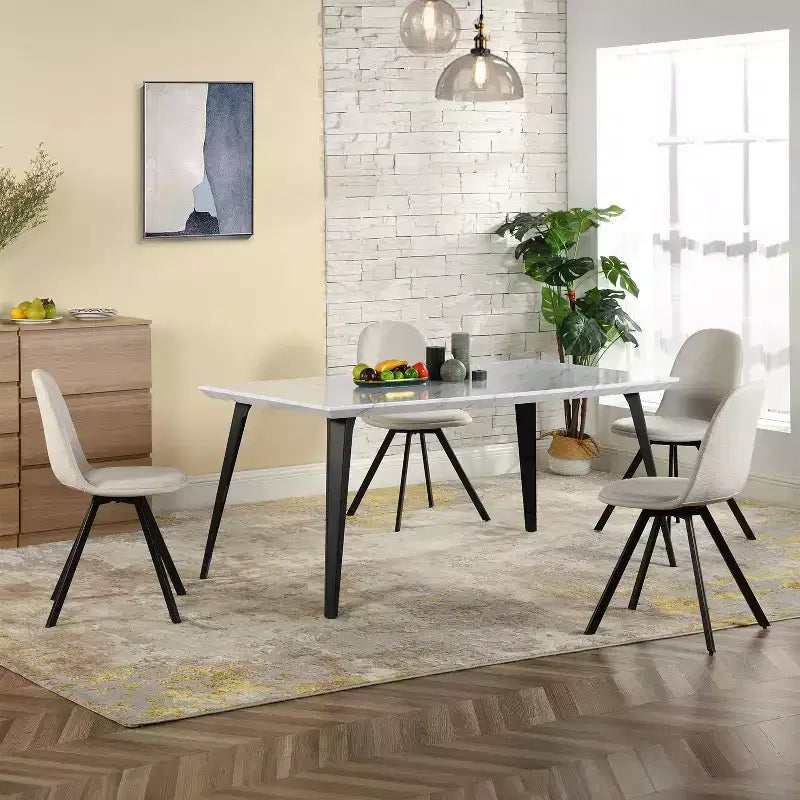 Tavolo da Pranzo per 4-6 Persone con Robusto Piano Ispessito con Stampa Effetto Marmo e Gambe in Acciaio, Tavolo Funzionale per Cucina, Bianco