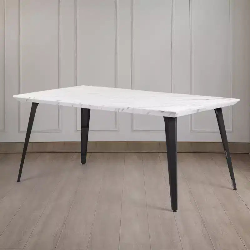 Tavolo da Pranzo per 4-6 Persone con Robusto Piano Ispessito con Stampa Effetto Marmo e Gambe in Acciaio, Tavolo Funzionale per Cucina, Bianco