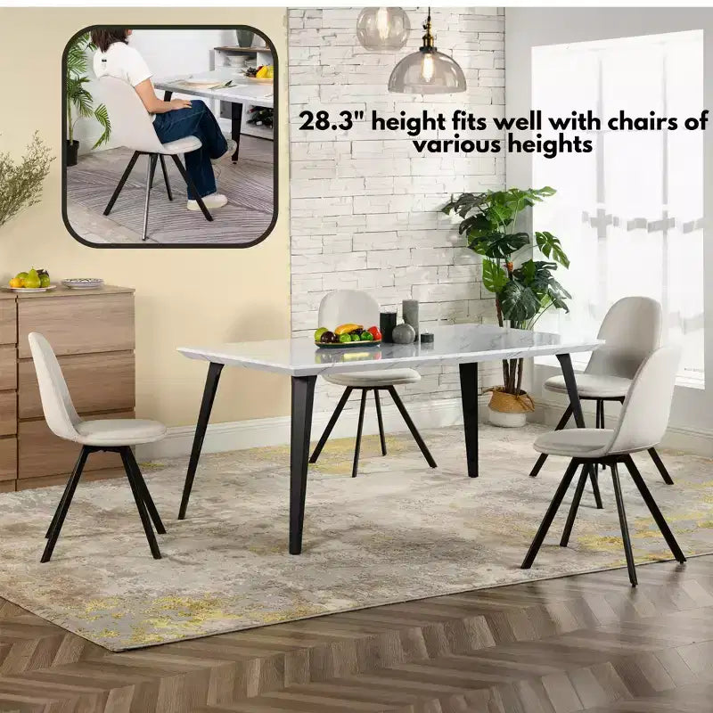 Tavolo da Pranzo per 4-6 Persone con Robusto Piano Ispessito con Stampa Effetto Marmo e Gambe in Acciaio, Tavolo Funzionale per Cucina, Bianco