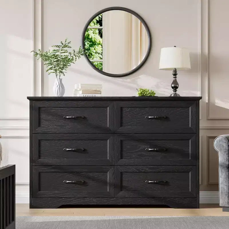 6-Drawer Wooden Dresser for Bedroom with Wide Metal Handles, Modern Farmhouse Style Chest of Drawers, Storage Organizer for Bedroom and Living Room