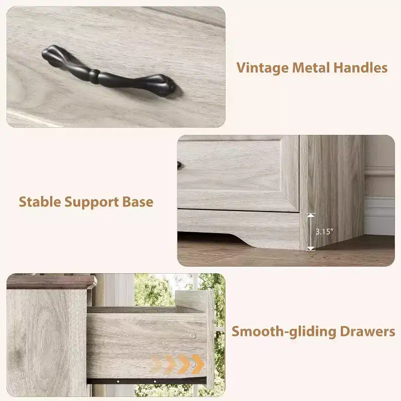 Cassettiera in legno a 6 cassetti per camera da letto con ampie maniglie in metallo, comò moderno stile rustico, organizer contenitore per camera da letto e soggiorno