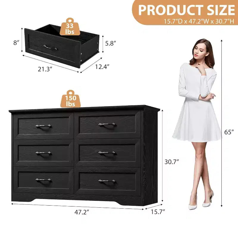 Cassettiera in legno a 6 cassetti per camera da letto con ampie maniglie in metallo, comò moderno stile rustico, organizer contenitore per camera da letto e soggiorno