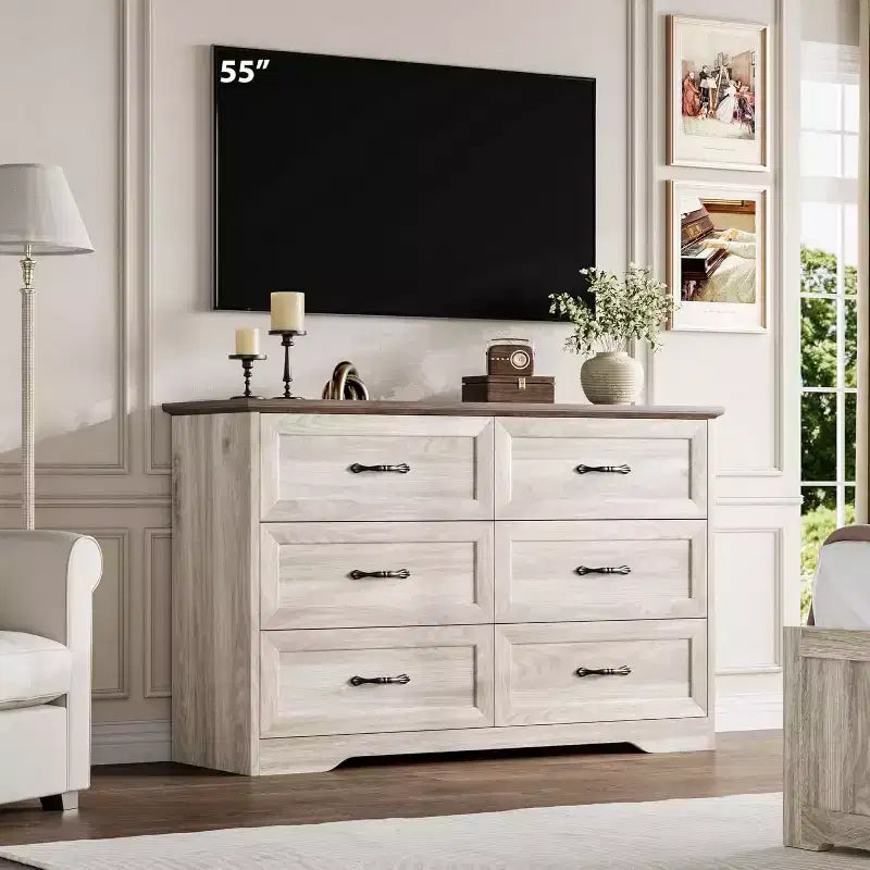 Cassettiera in legno a 6 cassetti per camera da letto con ampie maniglie in metallo, comò moderno stile rustico, organizer contenitore per camera da letto e soggiorno