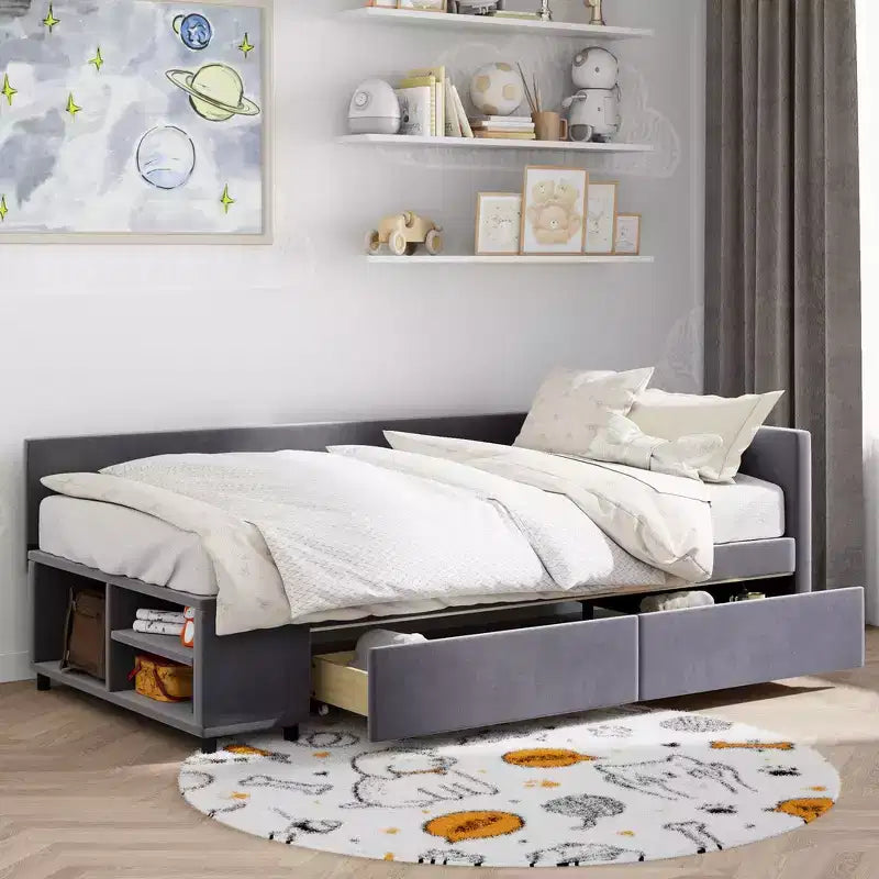 Letto a Piattaforma a L una Piazza con Contenitore Avvolgente e Cassetti, Costruzione Robusta e Durevole