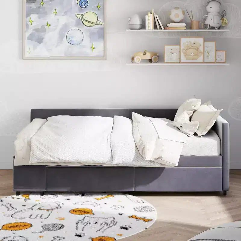 Letto a Piattaforma a L una Piazza con Contenitore Avvolgente e Cassetti, Costruzione Robusta e Durevole