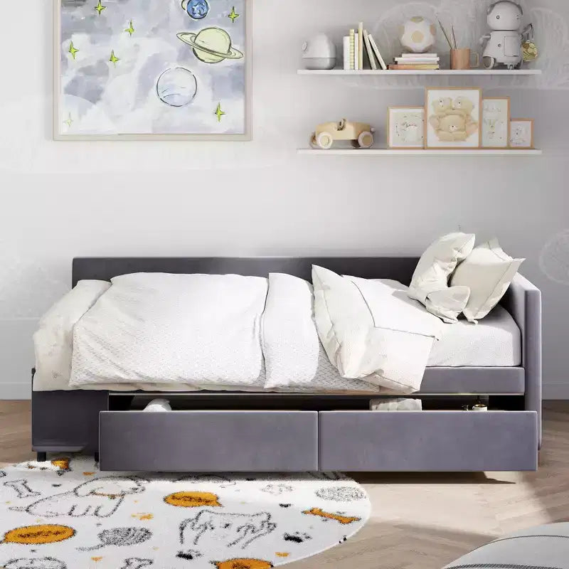 Letto a Piattaforma a L una Piazza con Contenitore Avvolgente e Cassetti, Costruzione Robusta e Durevole