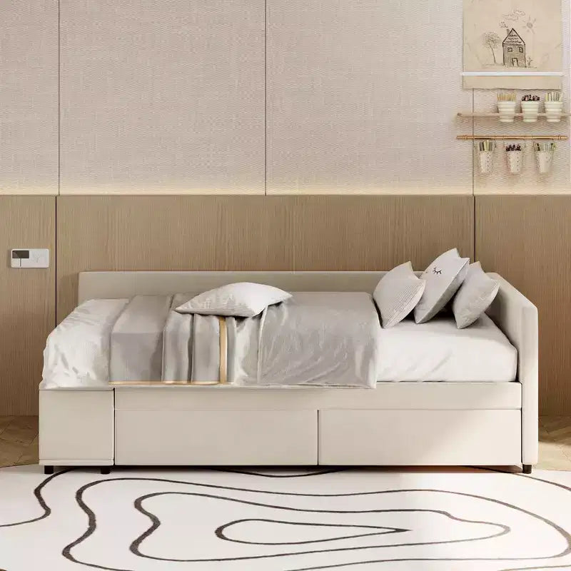 Letto a Piattaforma a L una Piazza con Contenitore Avvolgente e Cassetti, Costruzione Robusta e Durevole