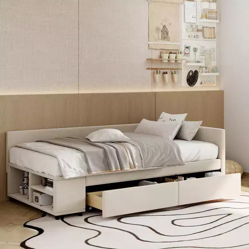 Whisen Twin Size L-Shaped Platform Bed with Wrap-Around Storage and Drawers , Sturdy and Durable Construction