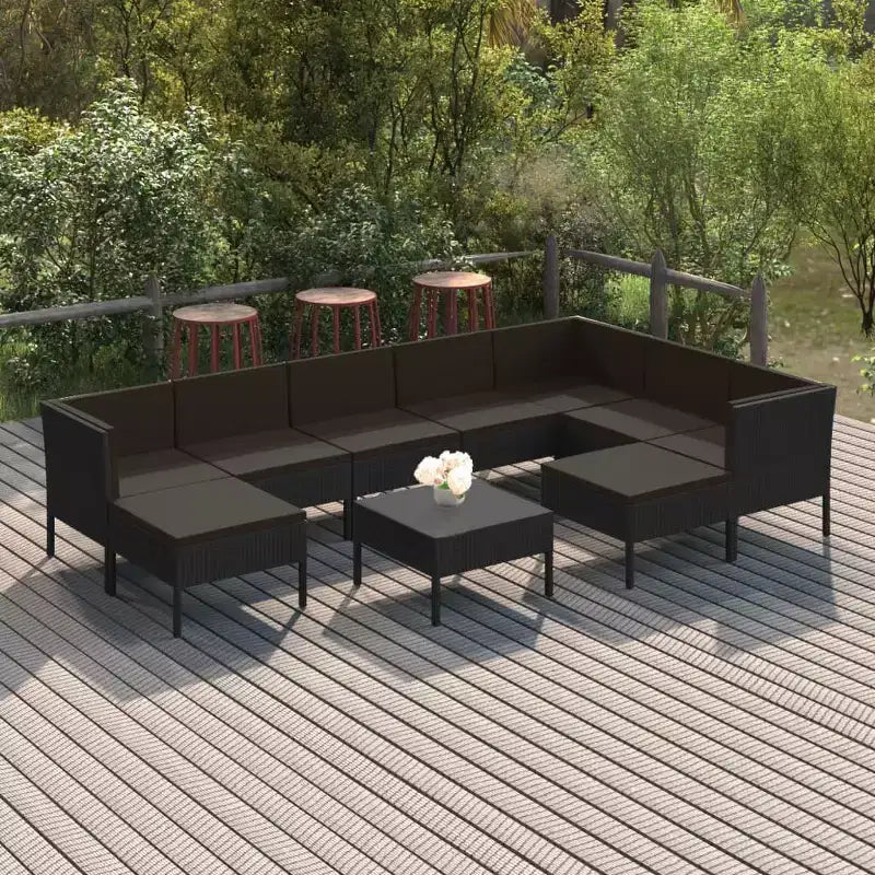 vidaXL Set lounge da esterno 10 pz. - Arredi da giardino in polyrattan con cuscini e tavolo - Resistente alle intemperie, facile da pulire, nero