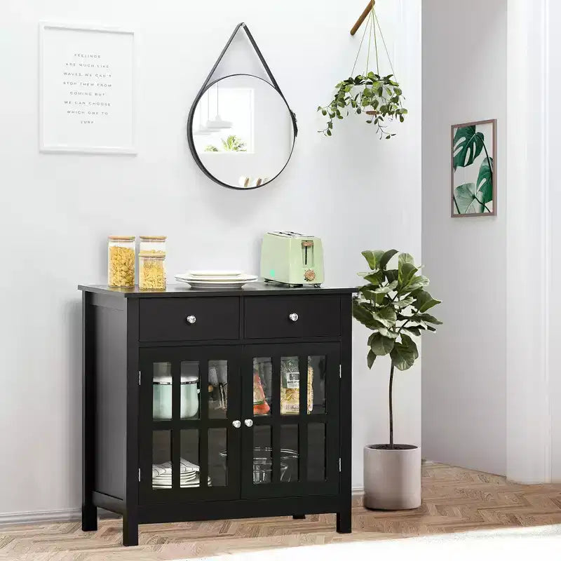 Madia Credenza con Ante in Vetro, Ripiano Regolabile e 2 Cassetti per Cucina