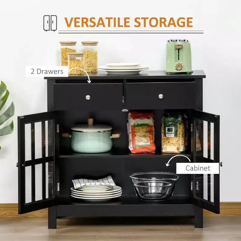 Madia Credenza con Ante in Vetro, Ripiano Regolabile e 2 Cassetti per Cucina
