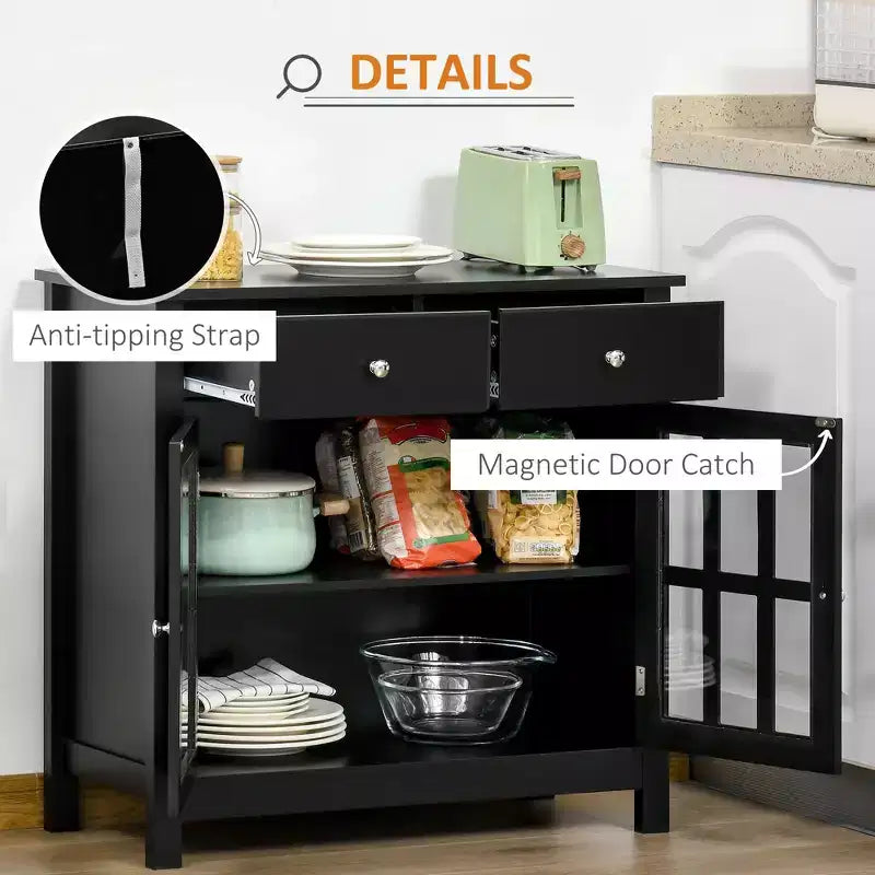 Madia Credenza con Ante in Vetro, Ripiano Regolabile e 2 Cassetti per Cucina