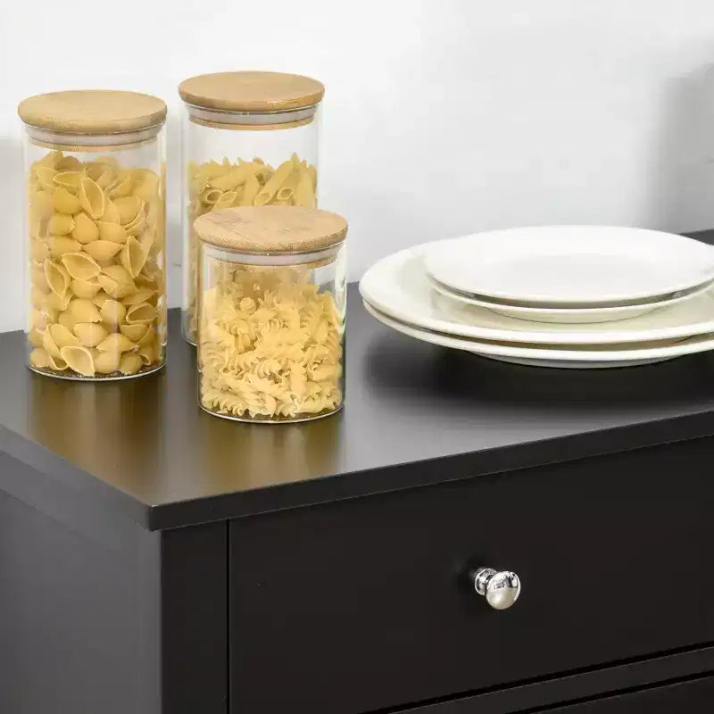 Madia Credenza con Ante in Vetro, Ripiano Regolabile e 2 Cassetti per Cucina