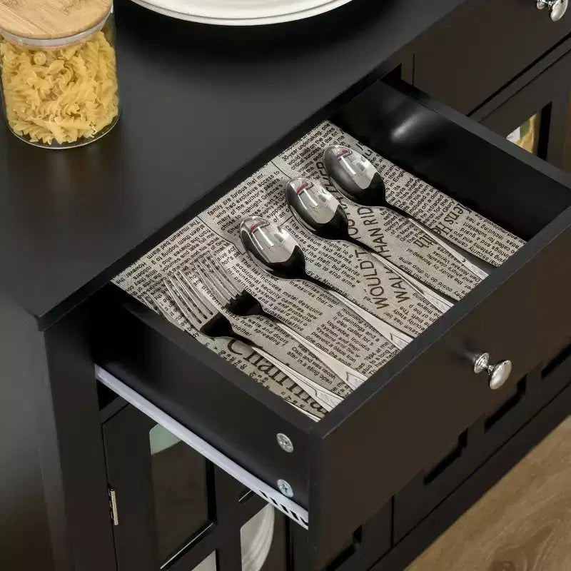 Madia Credenza con Ante in Vetro, Ripiano Regolabile e 2 Cassetti per Cucina