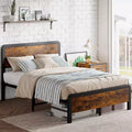 Queen-size bed frame with wooden headboard and footboard  rustic-style platform bed featuring metal slats, simple assembly for bedroom use