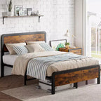 Queen-size bed frame with wooden headboard and footboard  rustic-style platform bed featuring metal slats, simple assembly for bedroom use