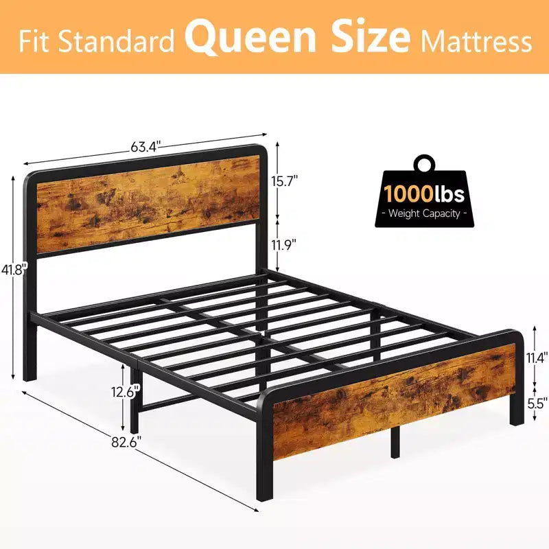 Struttura letto matrimoniale "queen-size" con testiera e pediera in legno, piattaforma rustica con doghe in metallo, facile da montare per uso in camera da letto