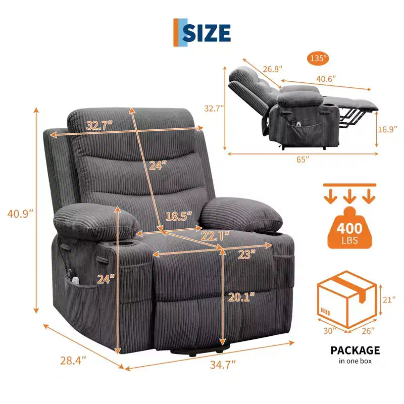 Poltrona reclinabile elevabile con massaggio e riscaldamento, poltrona reclinabile elettrica oversize, sedile home theater con 2 portabicchieri laterali, poltrona reclinabile singola a dondolo