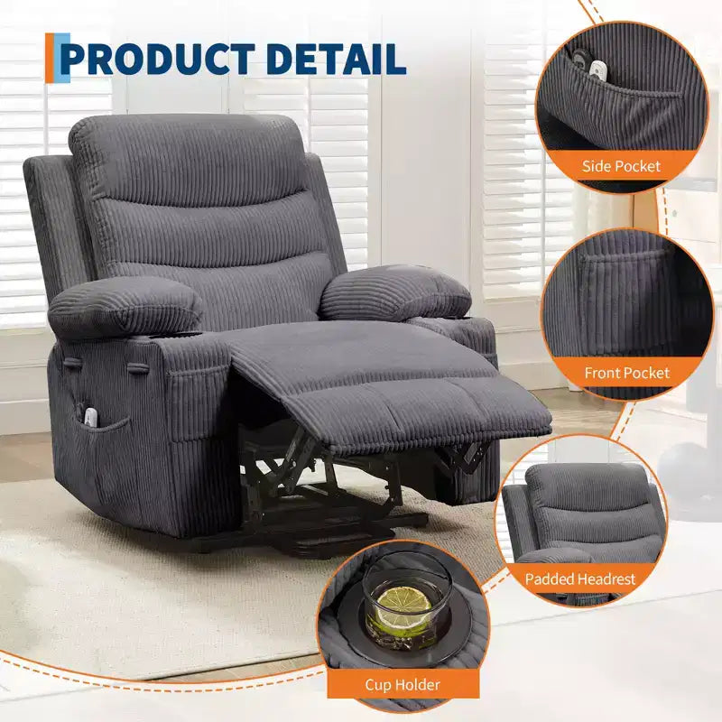 Poltrona reclinabile elevabile con massaggio e riscaldamento, poltrona reclinabile elettrica oversize, sedile home theater con 2 portabicchieri laterali, poltrona reclinabile singola a dondolo