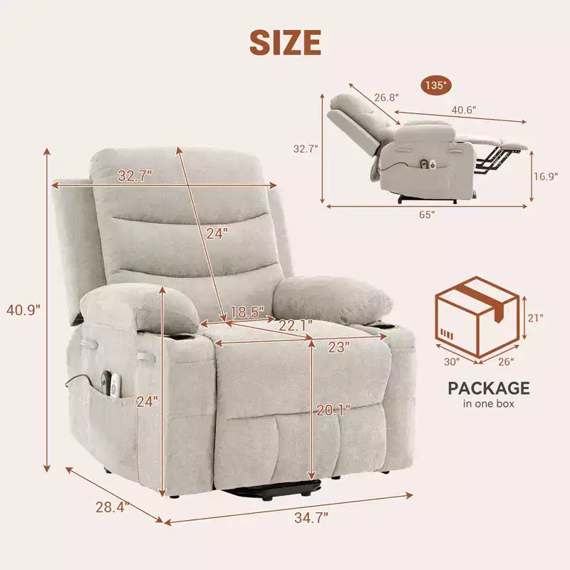 Poltrona reclinabile elevabile con massaggio e riscaldamento, poltrona reclinabile elettrica oversize, sedile home theater con 2 portabicchieri laterali, poltrona reclinabile singola a dondolo