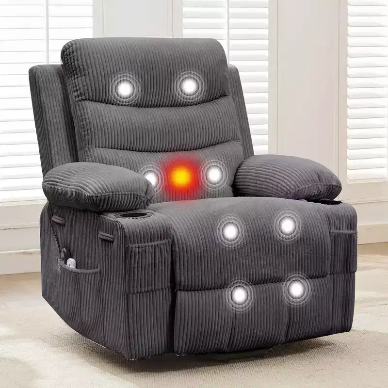 Poltrona reclinabile elevabile con massaggio e riscaldamento, poltrona reclinabile elettrica oversize, sedile home theater con 2 portabicchieri laterali, poltrona reclinabile singola a dondolo