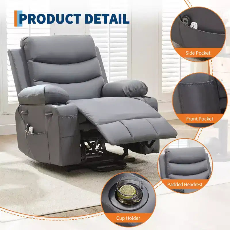 Poltrona reclinabile elevabile con massaggio e riscaldamento, poltrona reclinabile elettrica oversize, sedile home theater con 2 portabicchieri laterali, poltrona reclinabile singola a dondolo