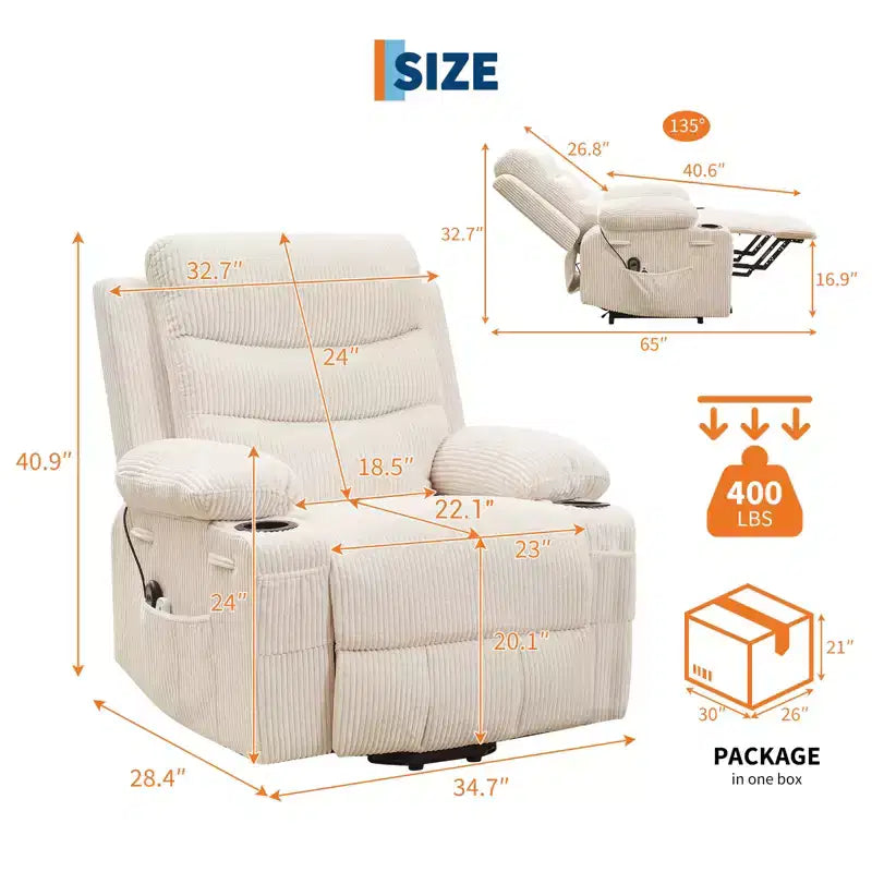 Poltrona reclinabile elevabile con massaggio e riscaldamento, poltrona reclinabile elettrica oversize, sedile home theater con 2 portabicchieri laterali, poltrona reclinabile singola a dondolo