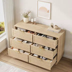 Cassettiera a 6 cassetti in rattan, larga 120 cm, rovere naturale, con maniglie in metallo e base robusta in legno per camera da letto, soggiorno, cameretta