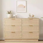 Cassettiera a 6 cassetti in rattan, larga 120 cm, rovere naturale, con maniglie in metallo e base robusta in legno per camera da letto, soggiorno, cameretta