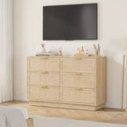 Cassettiera a 6 cassetti in rattan, larga 120 cm, rovere naturale, con maniglie in metallo e base robusta in legno per camera da letto, soggiorno, cameretta