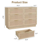 Cassettiera a 6 cassetti in rattan, larga 120 cm, rovere naturale, con maniglie in metallo e base robusta in legno per camera da letto, soggiorno, cameretta