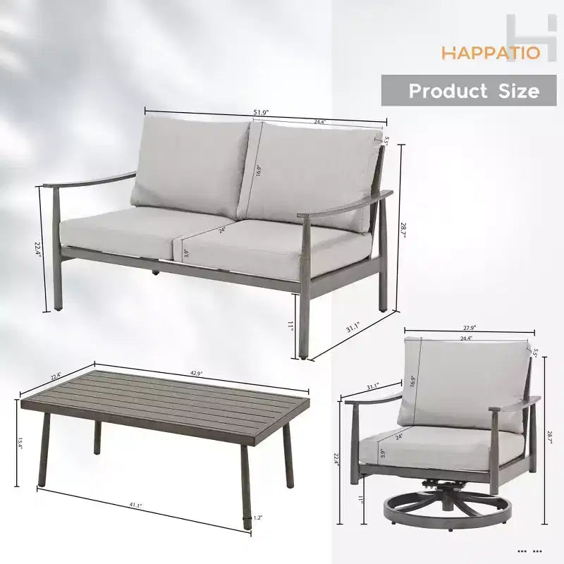 HAPPATIO Set di Mobili da Esterno per Patio, Set da Conversazione da 4 Pezzi in Alluminio con Tavolino da Caffè, Sedie Girevoli e Divanetto per Cortile, Terrazza, Piscina